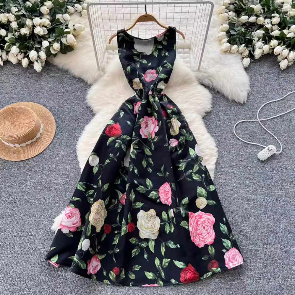French Style Sleeveless Puffy Floral Dress