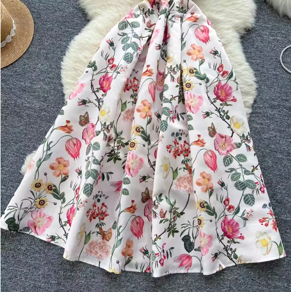 French Style Sleeveless Puffy Floral Dress