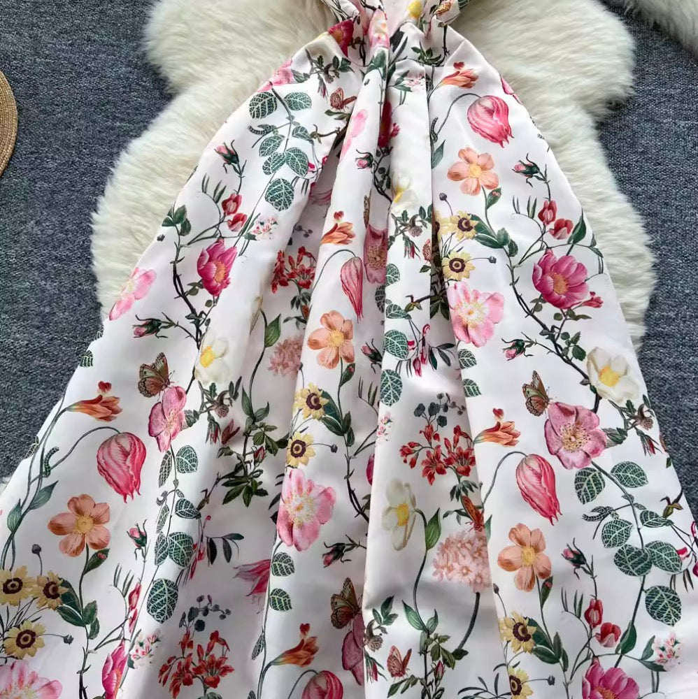 French Style Sleeveless Puffy Floral Dress