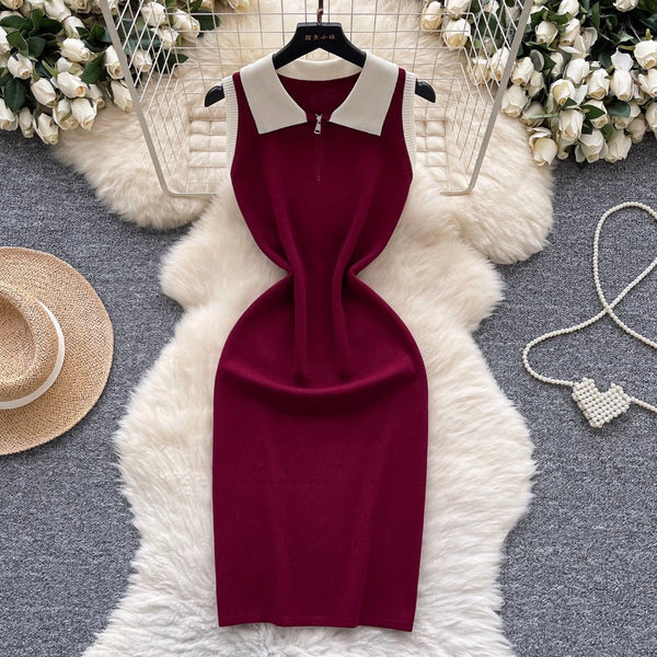 Vintage Color-blocking Zipped Knit Dress