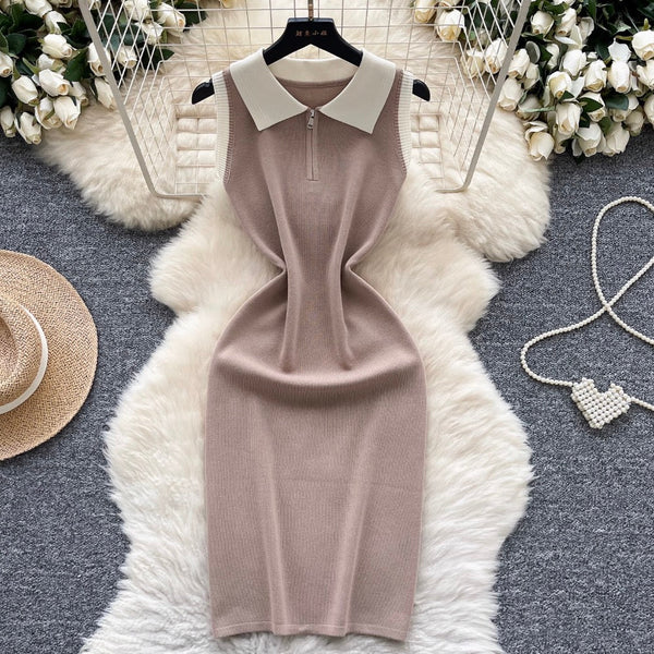 Vintage Color-blocking Zipped Knit Dress