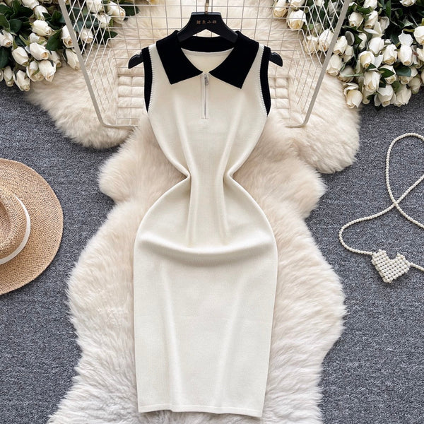 Vintage Color-blocking Zipped Knit Dress