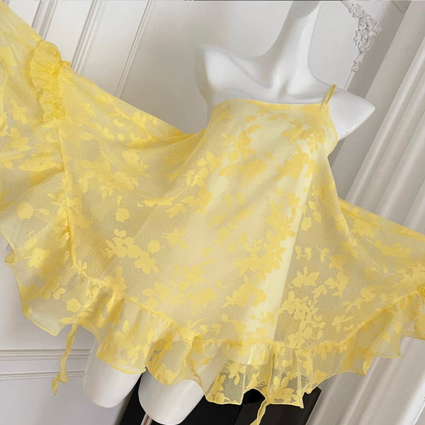 One-shoulder Yellow Flower Embroidery Dress