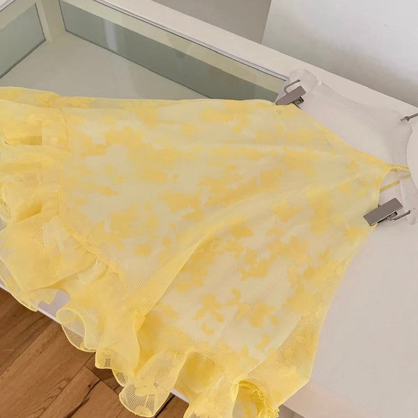 One-shoulder Yellow Flower Embroidery Dress