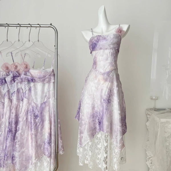 Purple Tie-dye Lace Patchwork Slip Dress