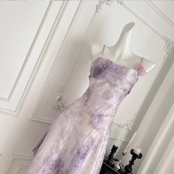 Purple Tie-dye Lace Patchwork Slip Dress
