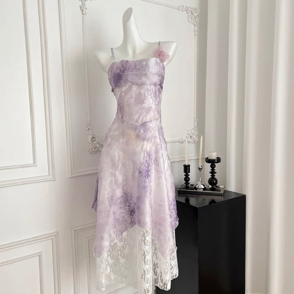 Purple Tie-dye Lace Patchwork Slip Dress