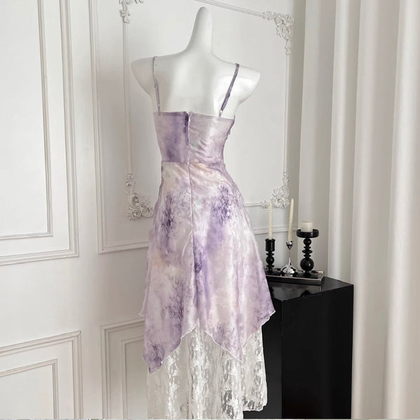 Purple Tie-dye Lace Patchwork Slip Dress