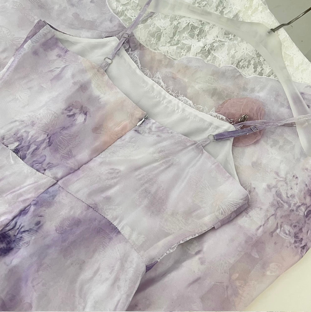 Purple Tie-dye Lace Patchwork Slip Dress