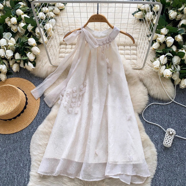 Ribbon Lace-up Chiffon A-line Dress