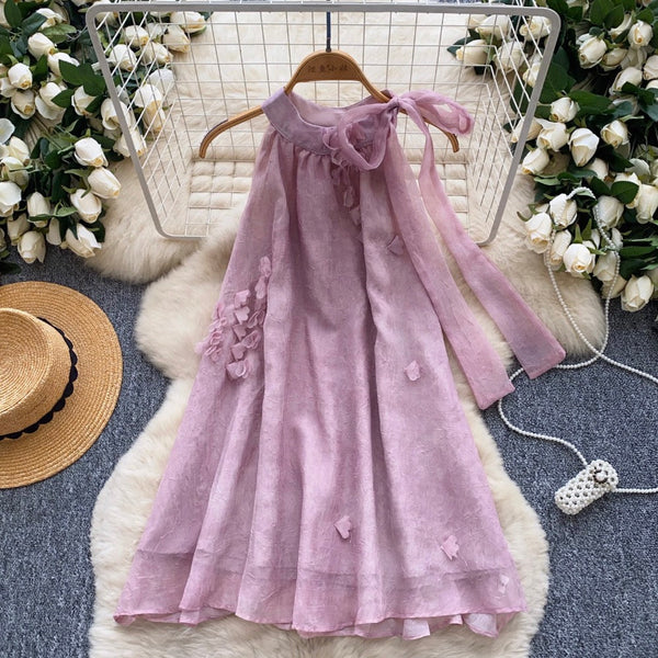 Ribbon Lace-up Chiffon A-line Dress