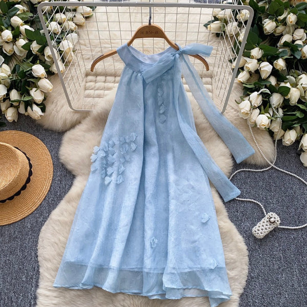 Ribbon Lace-up Chiffon A-line Dress