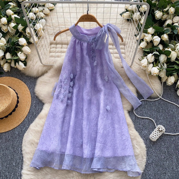 Ribbon Lace-up Chiffon A-line Dress