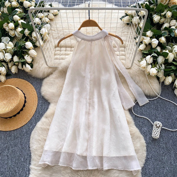 Ribbon Lace-up Chiffon A-line Dress