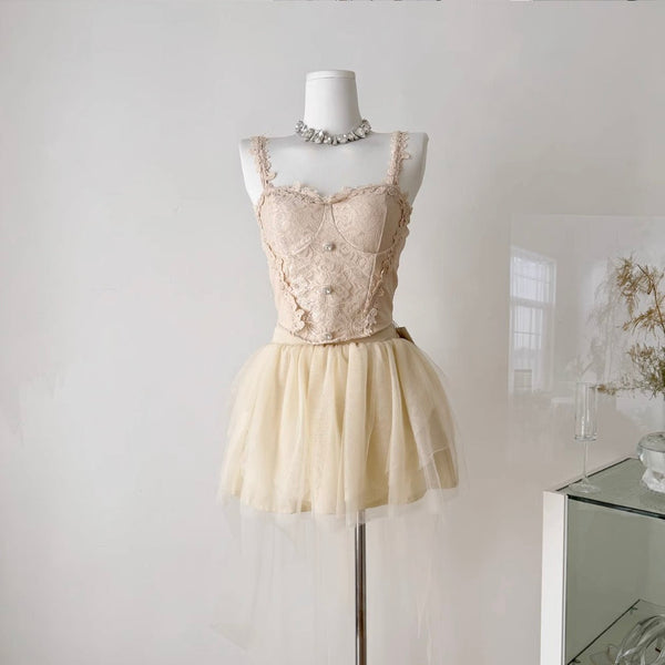 Embroidered Lace Camisole & Skirt 2Pcs