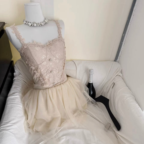 Embroidered Lace Camisole & Skirt 2Pcs