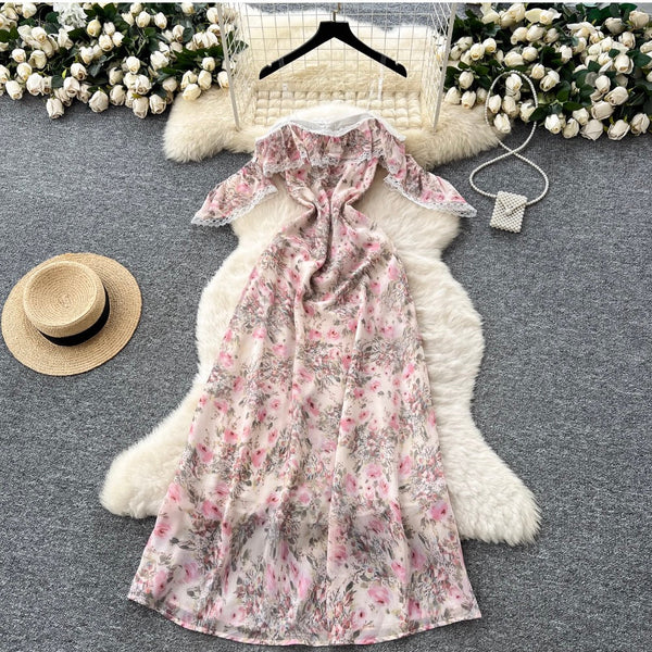 Lace Patchwork Floral Chiffon Dress