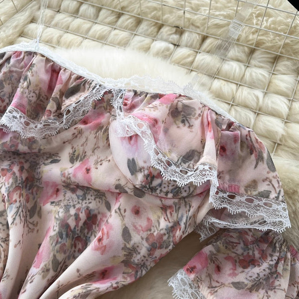 Lace Patchwork Floral Chiffon Dress