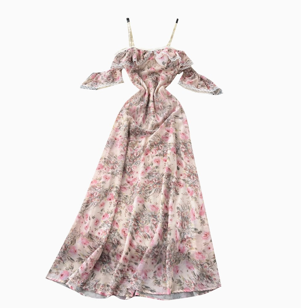 Lace Patchwork Floral Chiffon Dress