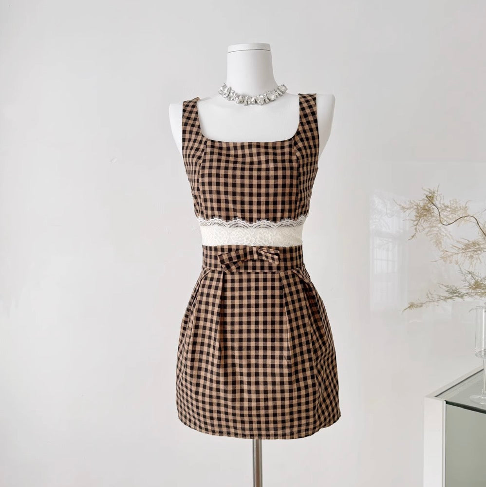 Vintage Square Neckline Plaid Slip Dress