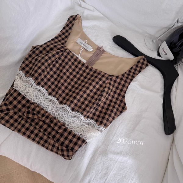 Vintage Square Neckline Plaid Slip Dress