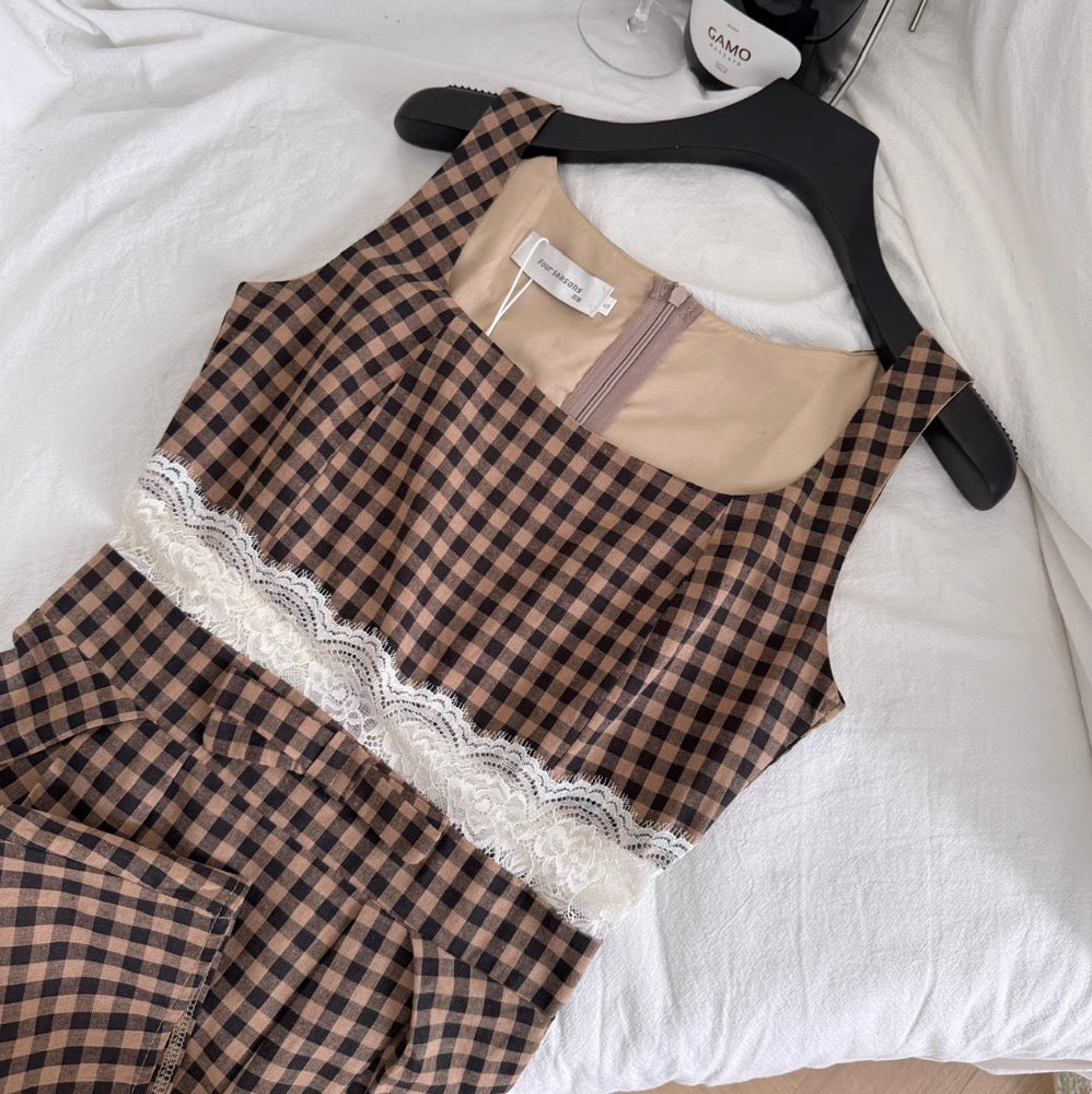 Vintage Square Neckline Plaid Slip Dress