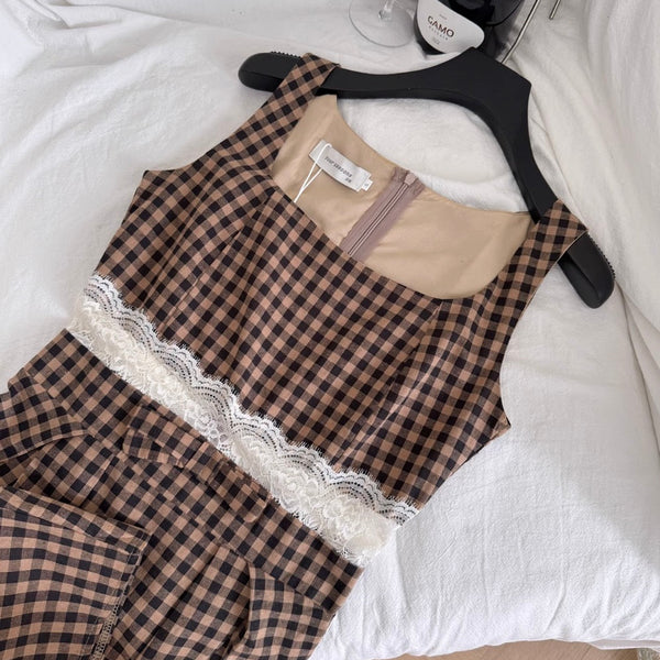 Vintage Square Neckline Plaid Slip Dress