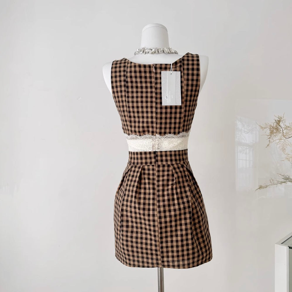 Vintage Square Neckline Plaid Slip Dress