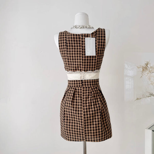 Vintage Square Neckline Plaid Slip Dress