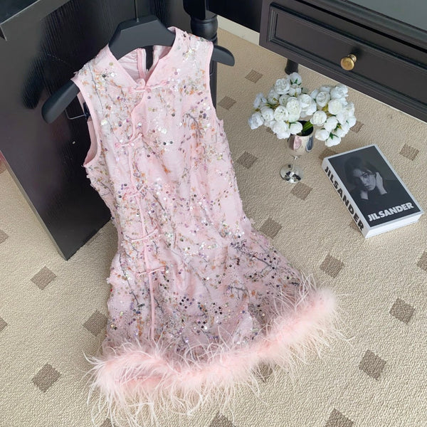 Furry Patchwork Sequined Cheongsam Dress