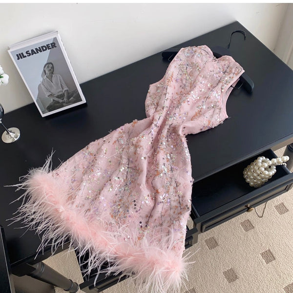 Furry Patchwork Sequined Cheongsam Dress