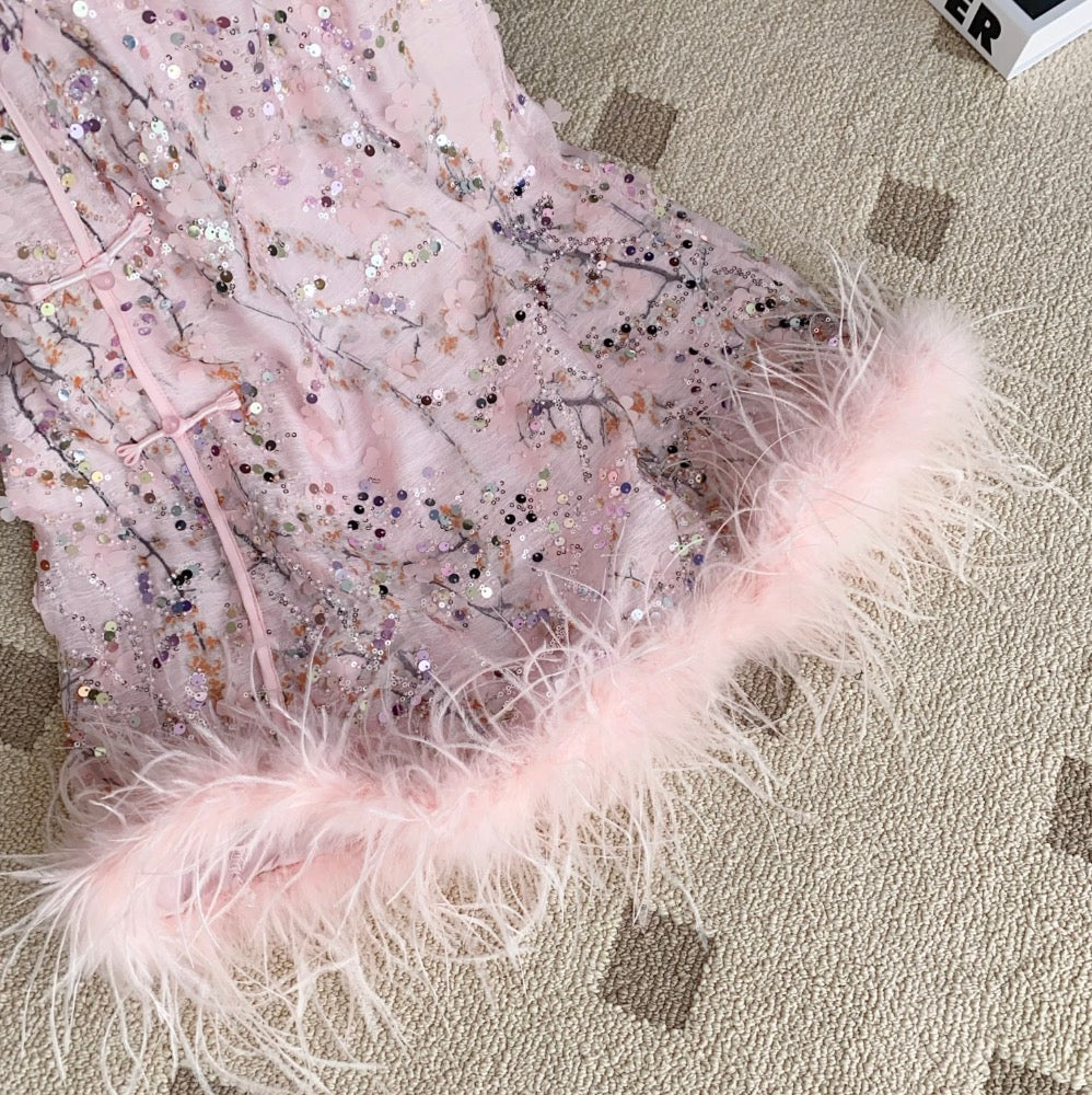 Furry Patchwork Sequined Cheongsam Dress