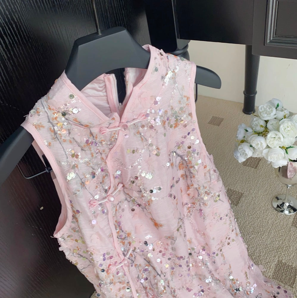 Furry Patchwork Sequined Cheongsam Dress