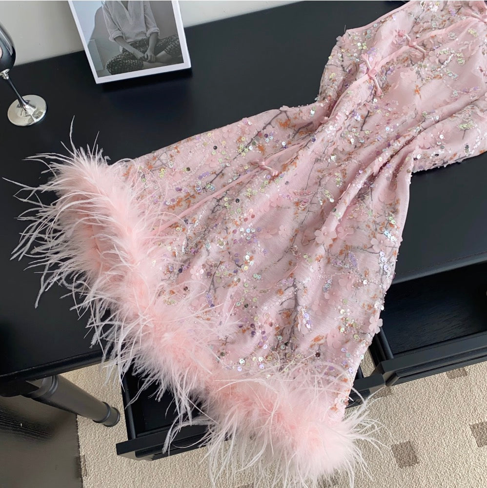 Furry Patchwork Sequined Cheongsam Dress