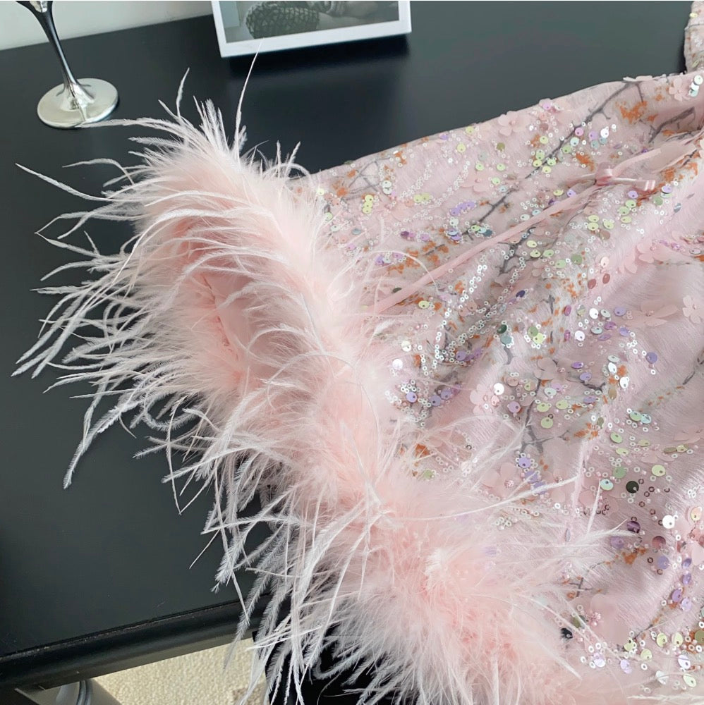 Furry Patchwork Sequined Cheongsam Dress