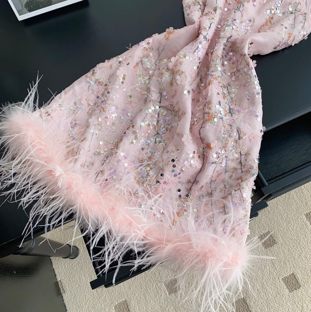 Furry Patchwork Sequined Cheongsam Dress