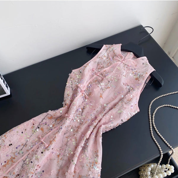Furry Patchwork Sequined Cheongsam Dress
