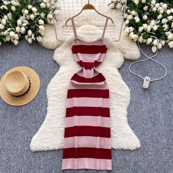 Sexy Color-blocking Striped Slip Dress