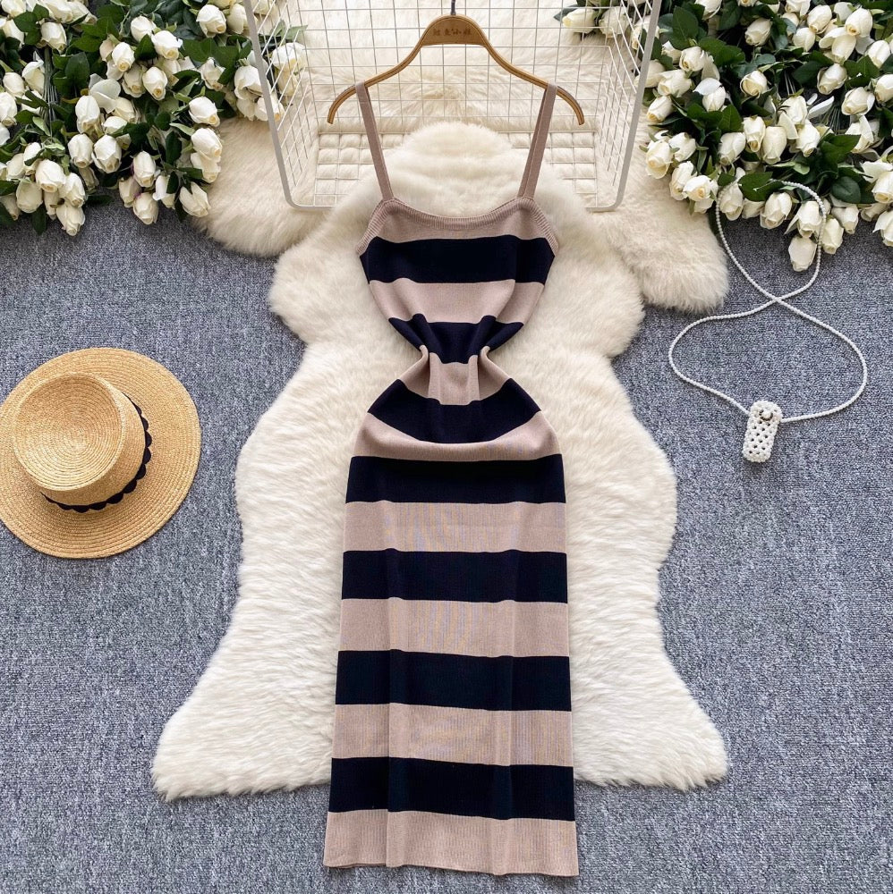 Sexy Color-blocking Striped Slip Dress