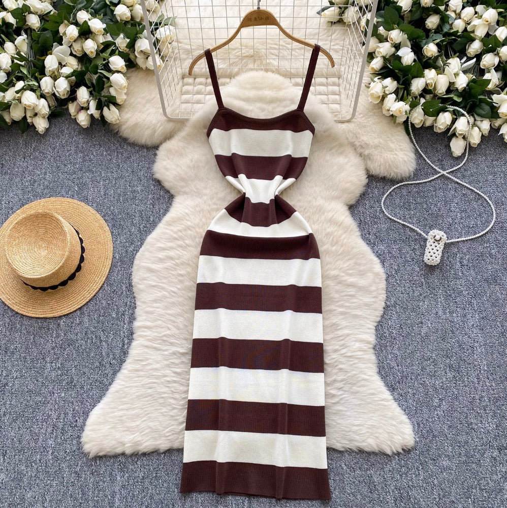 Sexy Color-blocking Striped Slip Dress