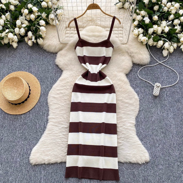 Sexy Color-blocking Striped Slip Dress
