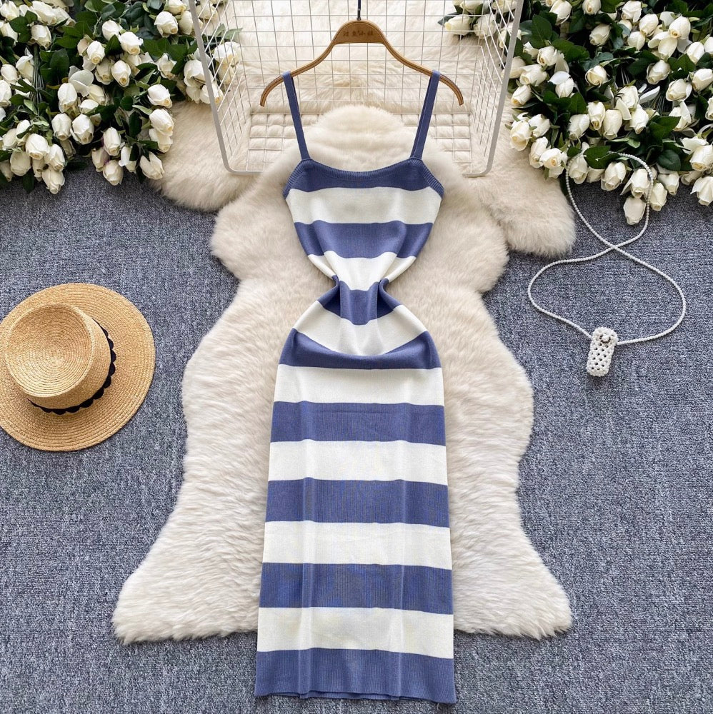 Sexy Color-blocking Striped Slip Dress
