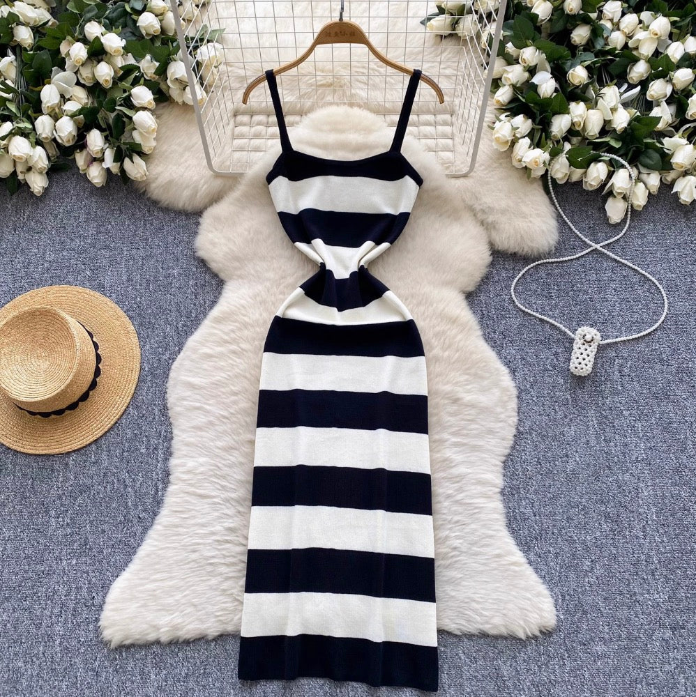 Sexy Color-blocking Striped Slip Dress