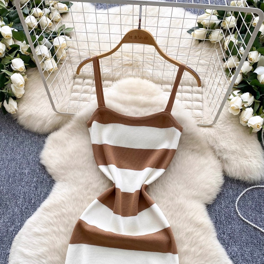 Sexy Color-blocking Striped Slip Dress
