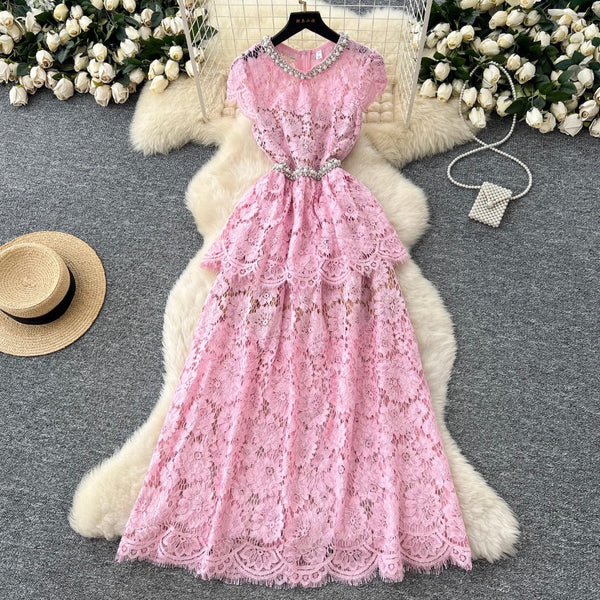 Rhinestone Round Collar Lace Dress