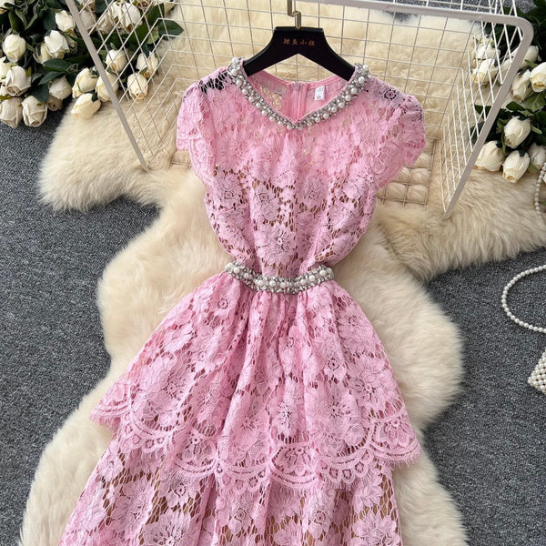 Rhinestone Round Collar Lace Dress
