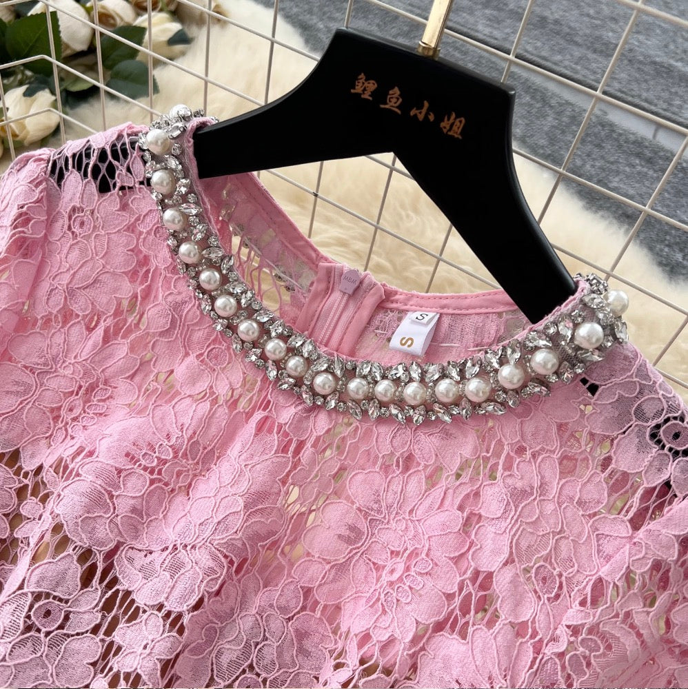 Rhinestone Round Collar Lace Dress