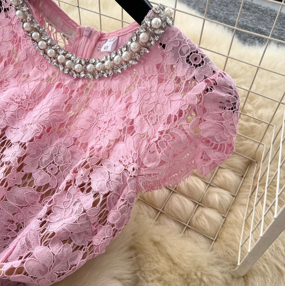 Rhinestone Round Collar Lace Dress