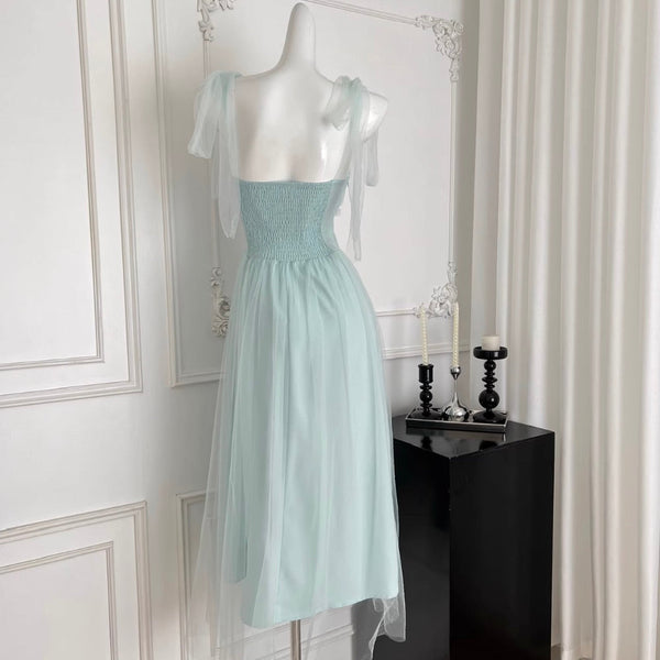 Elegant Lace-up Green Mesh Dress
