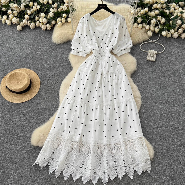 V-neck Polka Dot Lace Dress